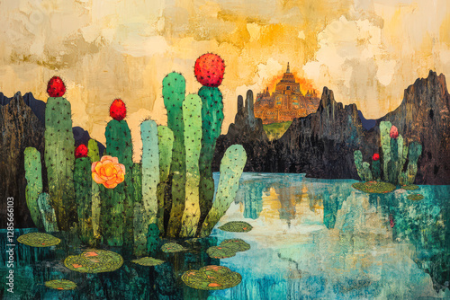 A dreamlike painting of towering cacti with red fruits growing in water, surrounded by mountains, lily pads, and an ancient golden temple in the distance.