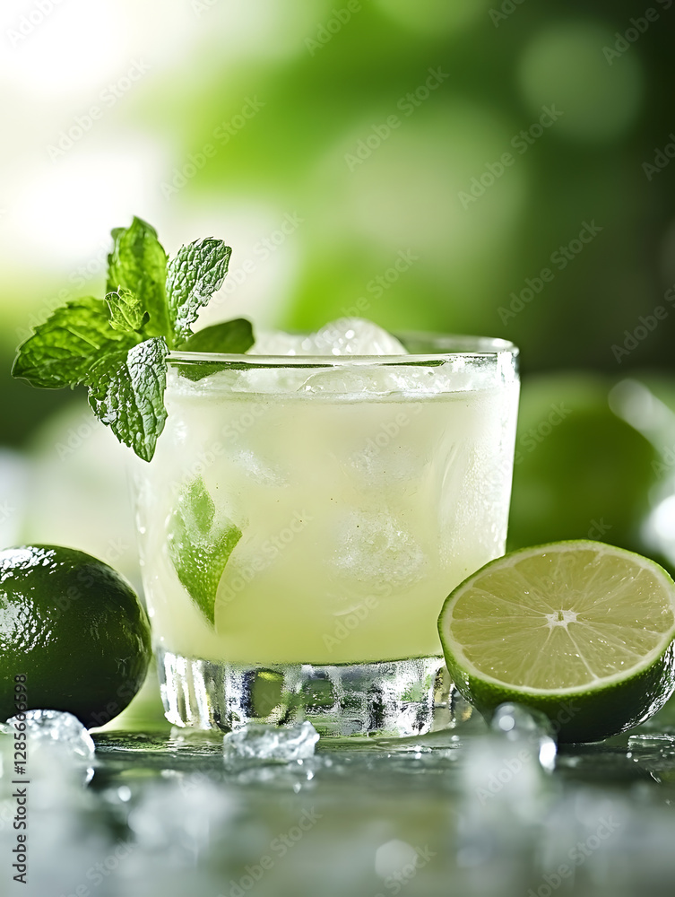 Fototapeta premium Refreshing Mint Lime Cocktail in Glass with Ice and Whole Limes : Generative AI