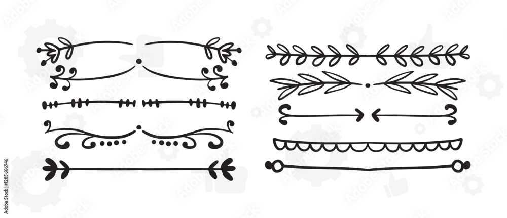 Laurel and floral text dividers doodle set. Wedding decorative elements with leaves and flowers. Branches, divider ornament, borders, lines. Hand drawn vector illustration isolated on white background Laurel and floral text dividers doodle set. Wedding decorative elements with leaves and flowers. Branches, divider ornament, borders, lines. Hand drawn vector illustration isolated on white background