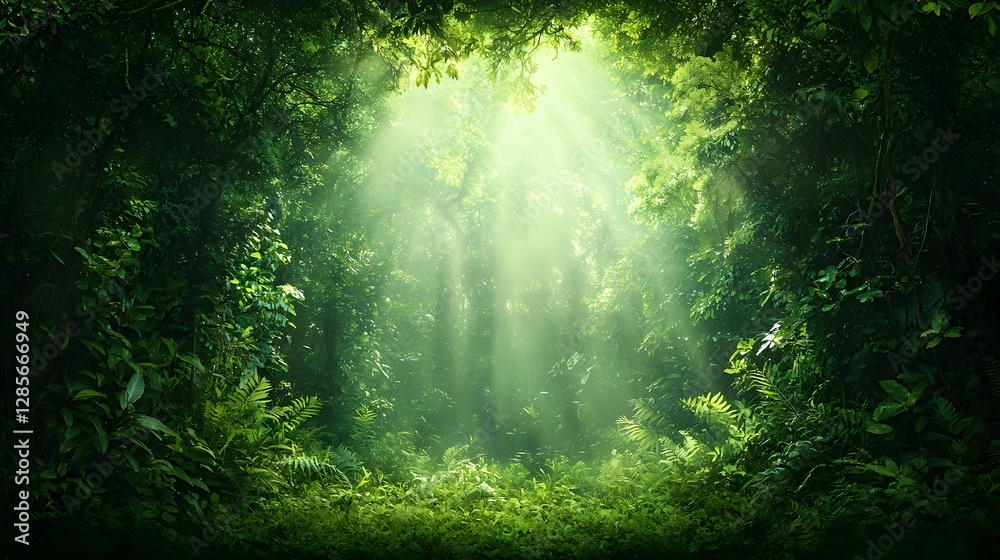 Obraz premium Serene and lush forest landscape with sunlight filtering through the tall verdant trees creating a peaceful and tranquil atmosphere Copy space available for text overlay