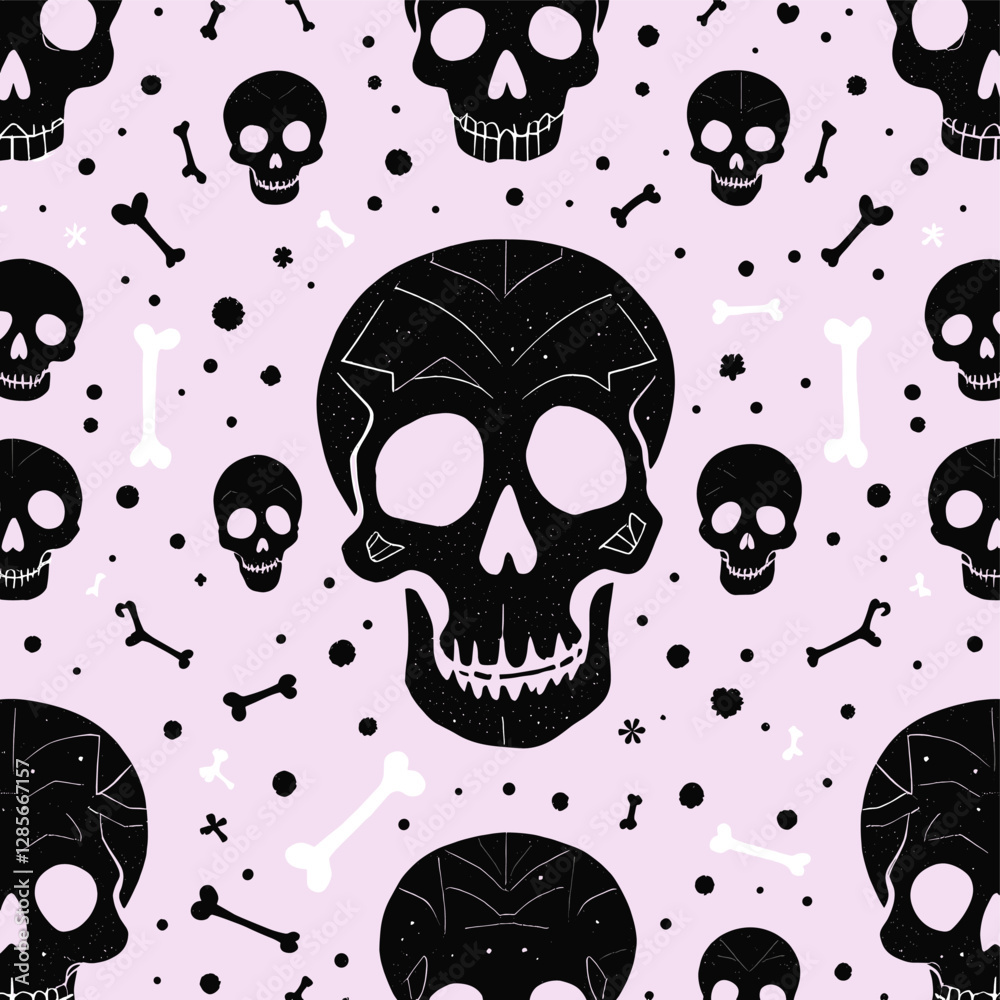 a central black skull surrounded by smaller black skulls and bones, all set against a pink background with scattered white dots. a central black skull surrounded by smaller black skulls and bones, all set against a pink background with scattered white dots.