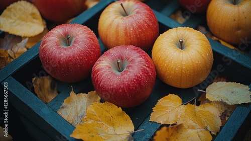 Autumn apples in wooden crate amongst fallen leaves photo