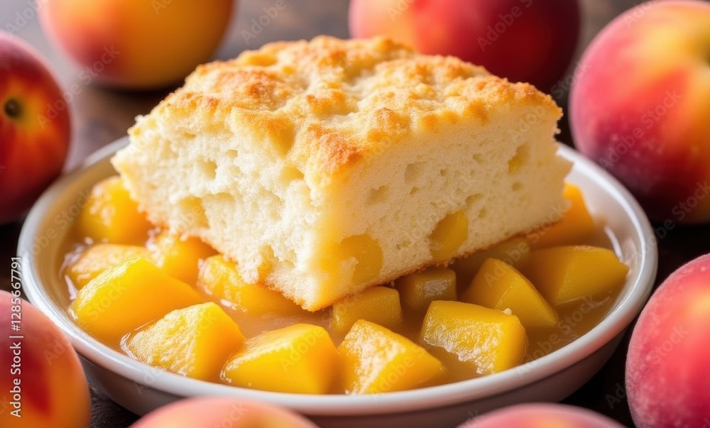 Delicious peach dessert with cake chunk Delicious peach dessert with cake chunk