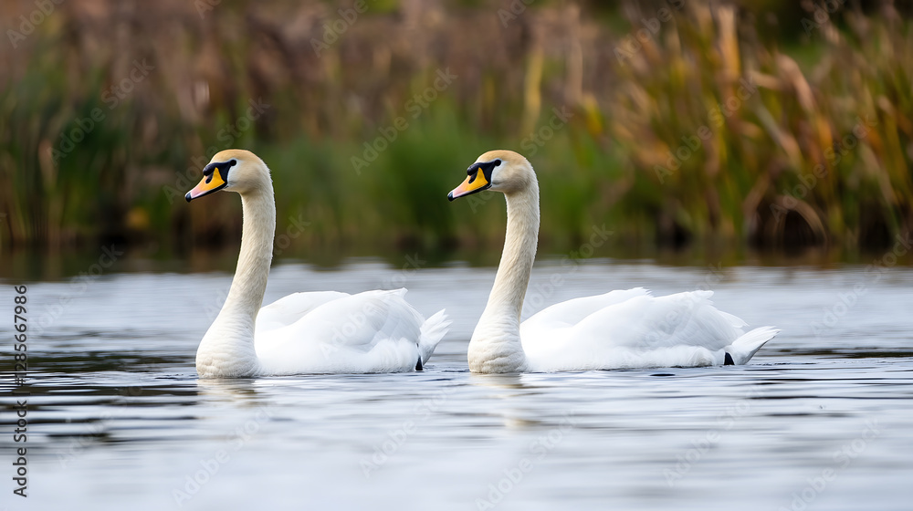 Pair of Elegant Swans Gracefully Gliding Over Tranquil Lake Waters : Generative AI Pair of Elegant Swans Gracefully Gliding Over Tranquil Lake Waters : Generative AI