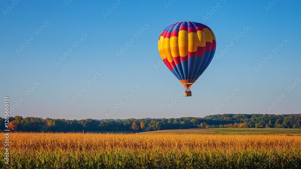 Obraz premium A colorful hot air balloon soars over cornfields, with a clear blue sky as its backdrop.