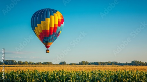 A colorful hot air balloon soars over cornfields, with a clear blue sky as its backdrop.