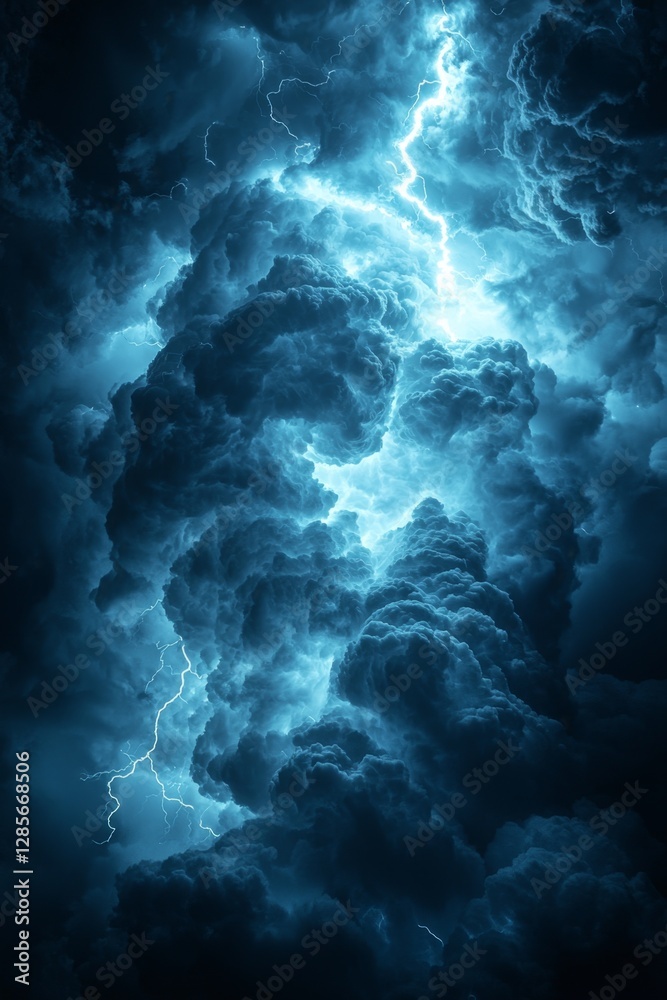 Obraz premium A dark blue sky with a lot of clouds and a lightning bolt