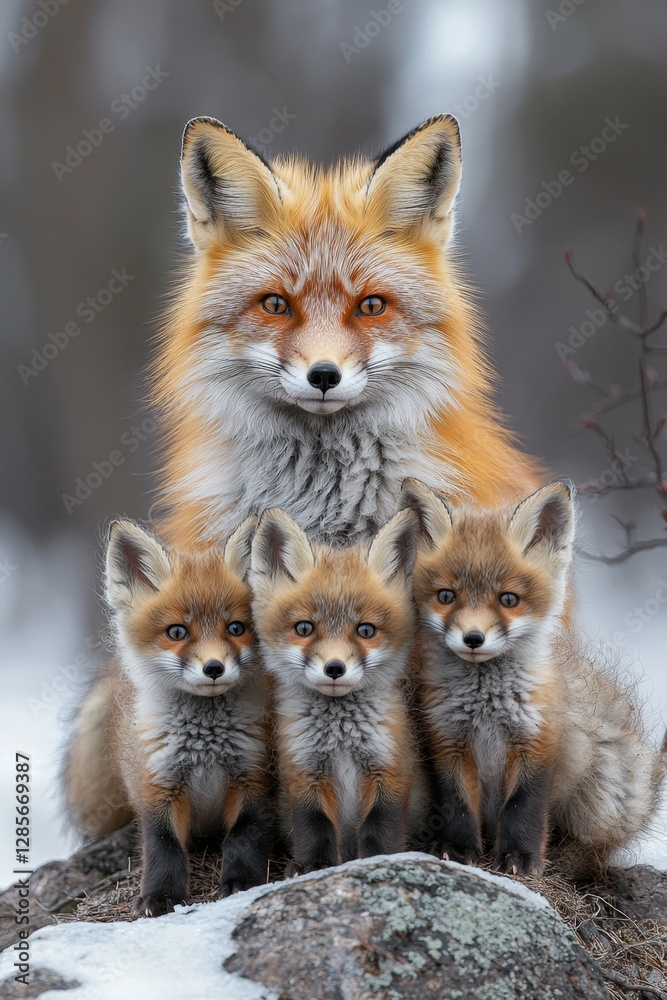 Fototapeta premium A mother fox and her three cubs sitting on a rock in the snow