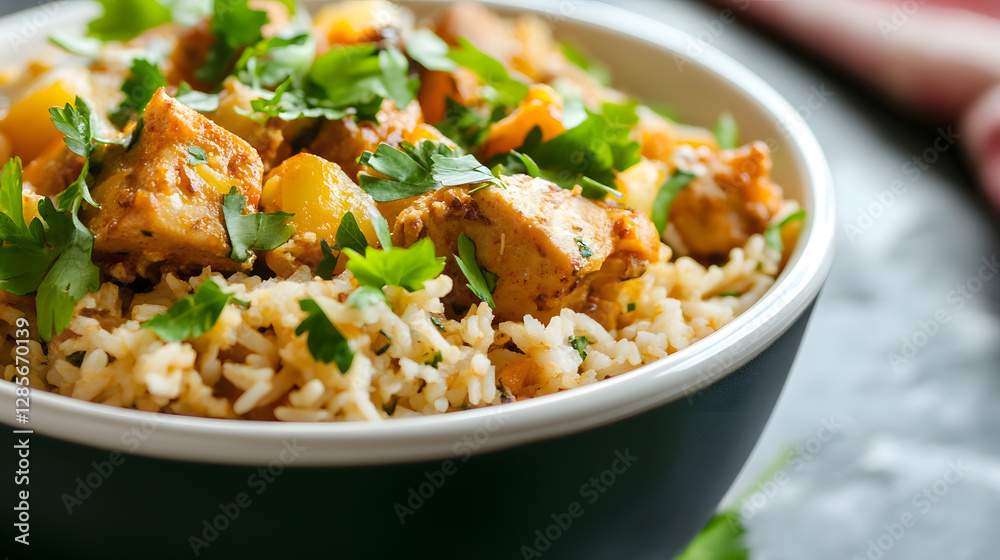 Flavorful Chicken and Vegetable Rice Bowl with Fresh Herbs - Delicious Culinary Presentation : Generative AI Flavorful Chicken and Vegetable Rice Bowl with Fresh Herbs - Delicious Culinary Presentation : Generative AI