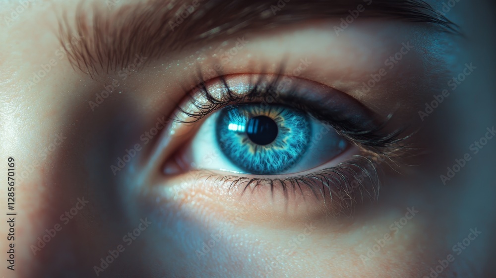 Blue eyes in excellent condition capture the target clearly. The image has a futuristic and health-focused concept, showing that technology improves vision today and in the future. Blue eyes in excellent condition capture the target clearly. The image has a futuristic and health-focused concept, showing that technology improves vision today and in the future.