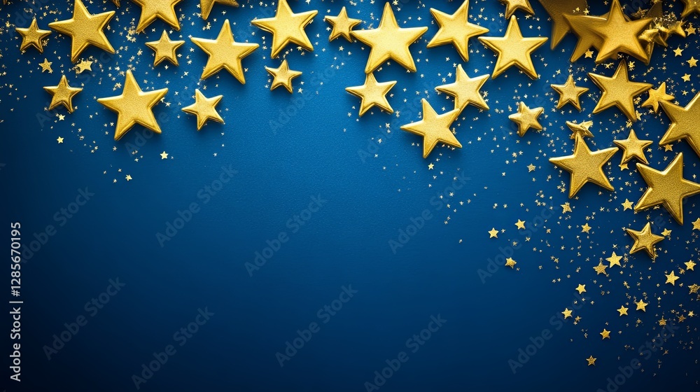 Soft-focus golden stars on a deep blue background, EU Day. Soft-focus golden stars on a deep blue background, EU Day.