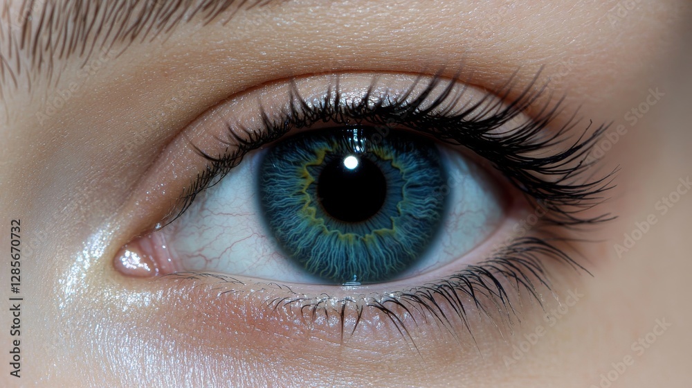 Fototapeta premium Close-up photo of a blue eye. It's a detailed image of the green eye. It shows the health of the visual center. It also highlights good vision and eye problems.