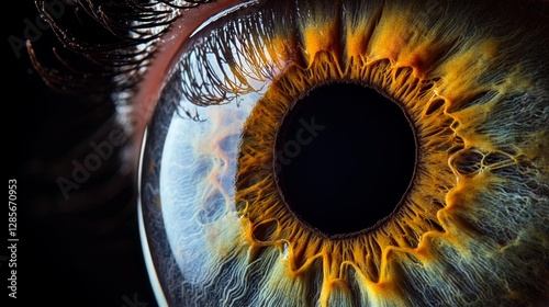 Close-up photo of an eye's iris, which is the colored part, against a black background. photo