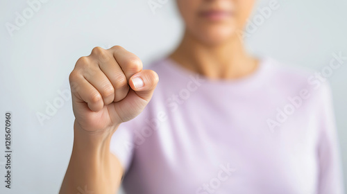 Woman raising her fist in a powerful gesture, symbolizing strength, protest, or resistance