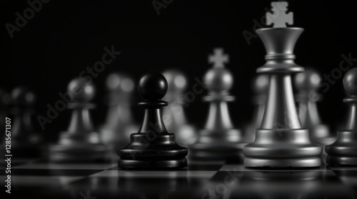 Chess game pieces, black pawn in focus against blurred metallic pieces on chessboard. Strategy in play. photo