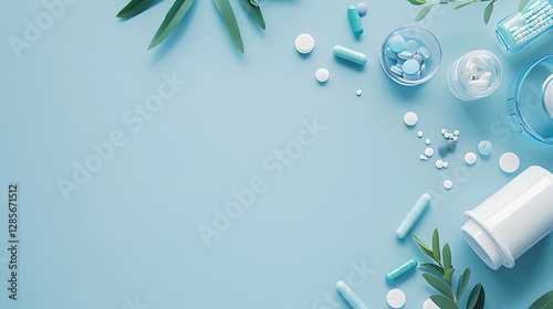 Assorted pharmaceutical items and tablets arranged on a blue background with greenery accents