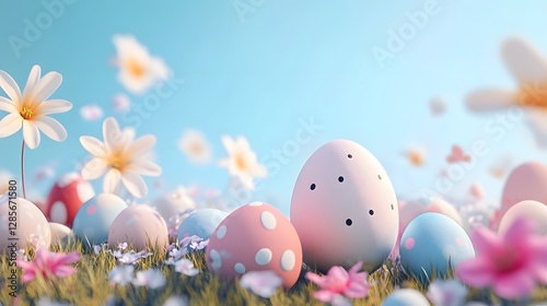 Colorful 3D Render of Pastel Easter Eggs and Flowers in Vibrant Spring Meadow