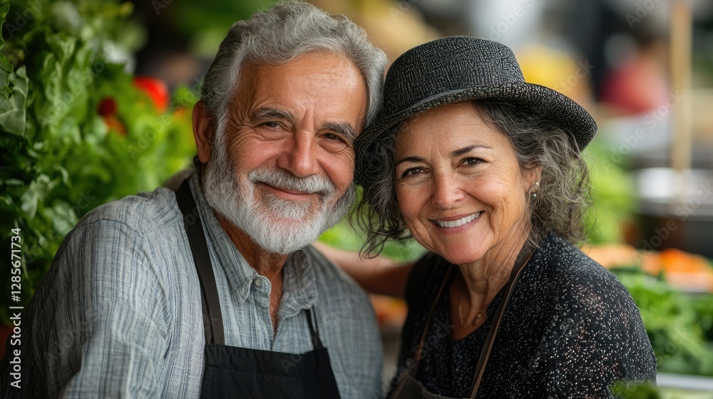 Smiling couple at a vibrant farmers market showcasing fresh produce and local lifestyle Smiling couple at a vibrant farmers market showcasing fresh produce and local lifestyle