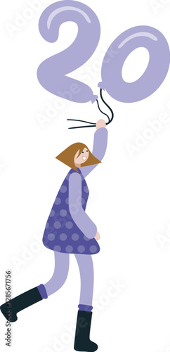 Illustration d'une jeune fille qui tient des ballons avec le chiffre 20 pour son anniversaire de ses 20 ans