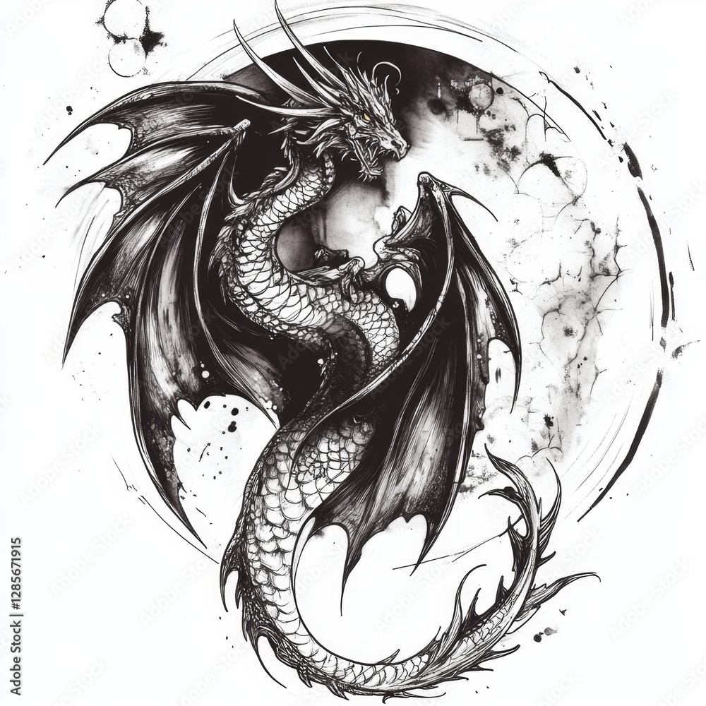 Fototapeta premium A black and white drawing of a dragon in a circle