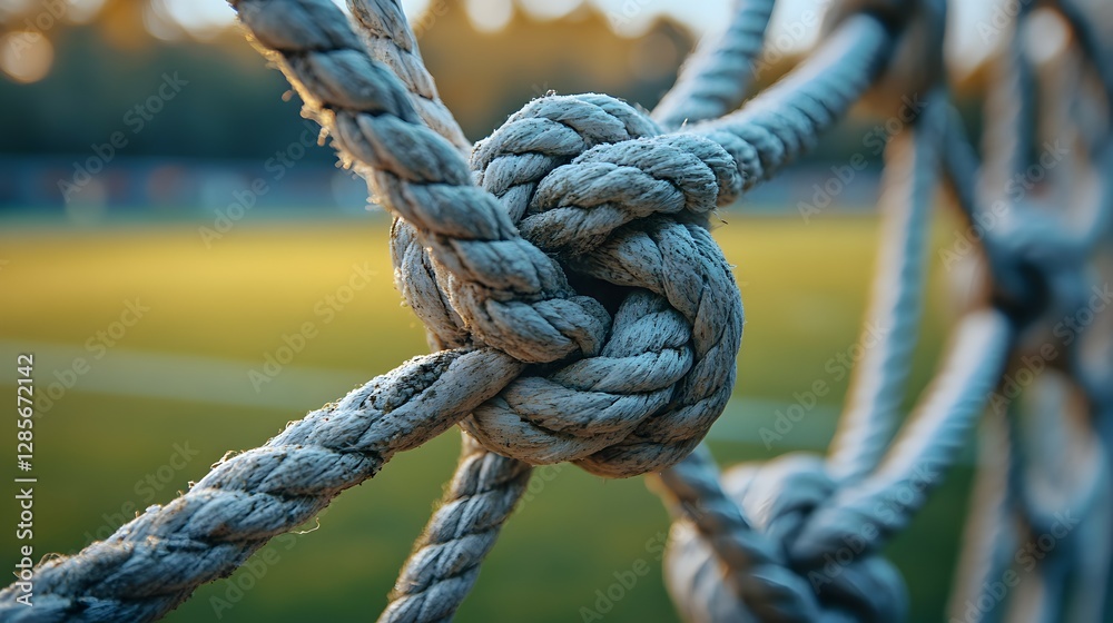 Rope Knot Close-Up on Netting with Blurred Field Background Rope Knot Close-Up on Netting with Blurred Field Background