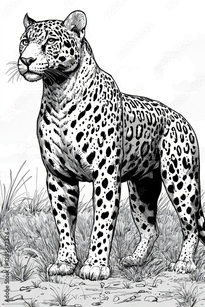 A black and white drawing of a jaguar standing in the grass A black and white drawing of a jaguar standing in the grass