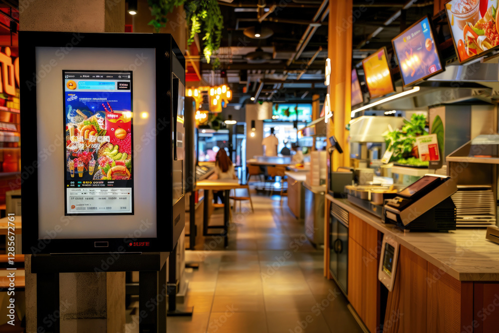 Modern Automated Restaurant Interior with Digital QR Code Payment Station Showing Future of Cashless Dining Technology Modern Automated Restaurant Interior with Digital QR Code Payment Station Showing Future of Cashless Dining Technology