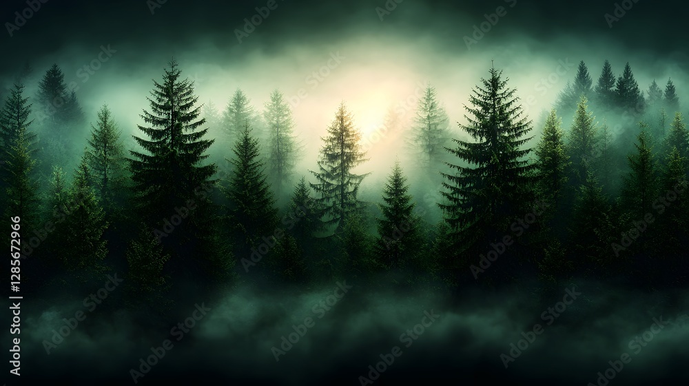 Obraz premium Breathtaking photograph of a foggy pine forest at dawn with soft golden light gently breaking through the misty haze creating a serene and ethereal atmosphere