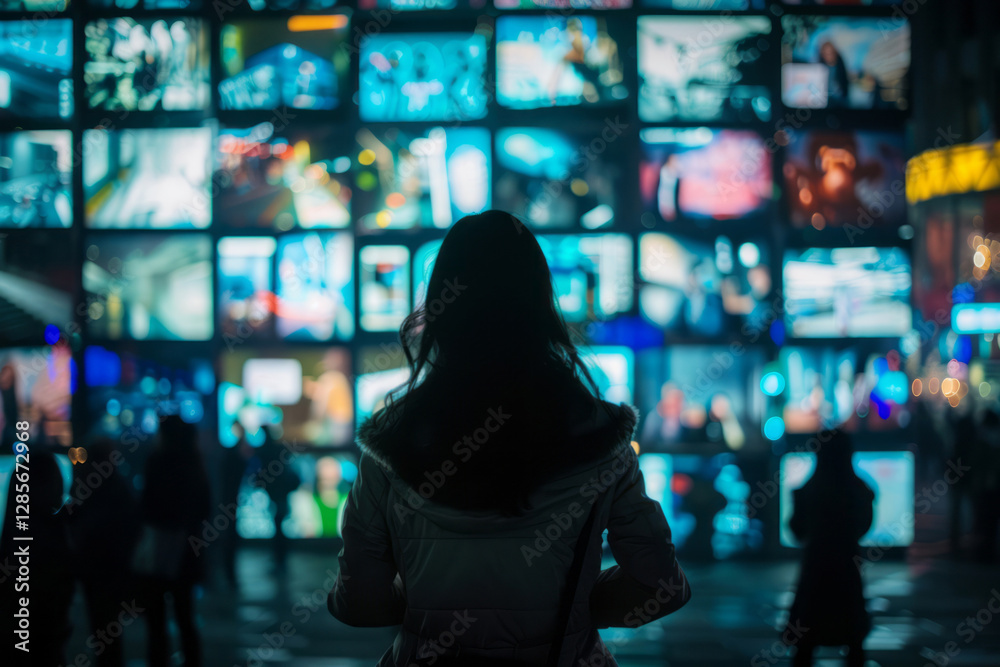 A woman in front of multiple screens displaying various video content, representing online media and streaming culture with a dark, contrasting background. A woman in front of multiple screens displaying various video content, representing online media and streaming culture with a dark, contrasting background.
