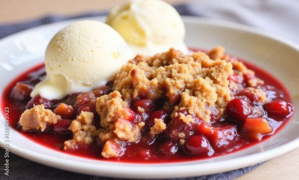 Delicious cherry crumble dessert with ice cream Delicious cherry crumble dessert with ice cream