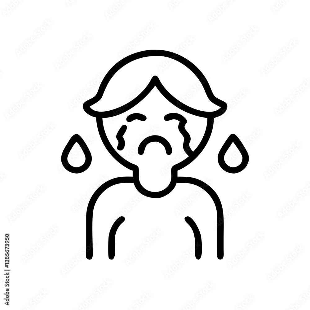 Person crying with tears in a simple outline style Person crying with tears in a simple outline style