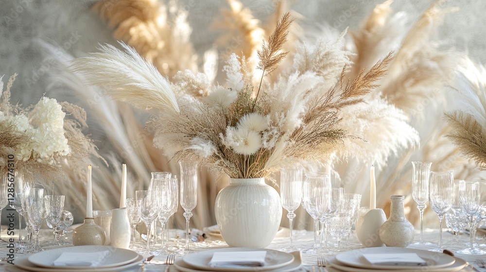 A clean arrangement of dried grasses styled in a ceramic vase on a light table. background A clean arrangement of dried grasses styled in a ceramic vase on a light table. background