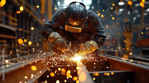 Sparks fly as workers weld metal beams at a construction site