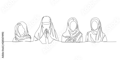 Set of Arab woman praying in national dress, burqa, veil one line art. Continuous line drawing of online Muslims, Islam, traditions, clothing, folk, oriental.