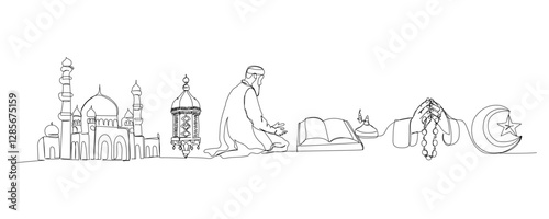 Set of Muslim house of prayer, place for men to pray, believers, architecture one line art. Continuous line drawing of online Muslims, Islam, traditions, clothing, folk, oriental.