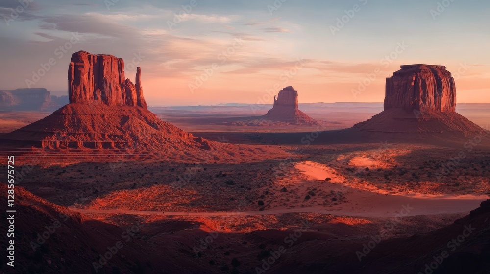 Fototapeta premium Monument Valley in Utah is a famous scene from western movies. The red rock formations and rugged terrain have made it a popular destination for tourists and photographers.