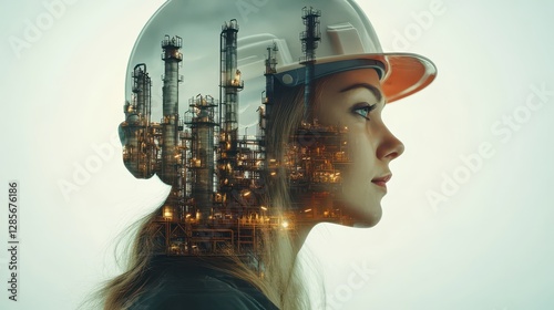 Double Exposure of Female Engineer and Oil Refinery photo