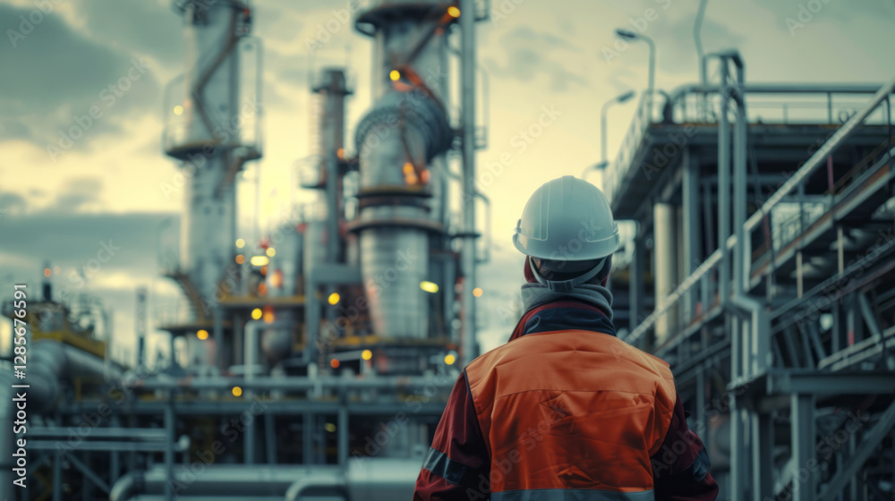 The back of an engineer wearing a safety helmet and vest, standing in front of a gas plant with metal pipes, in an industrial area at an oil production facility. The back of an engineer wearing a safety helmet and vest, standing in front of a gas plant with metal pipes, in an industrial area at an oil production facility.
