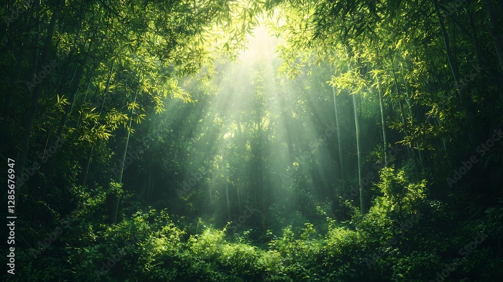 Obraz premium Tranquil and Serene Bamboo Forest with Tall Slender Stalks Reaching Toward the Sky and Ample Copy Space for Text Overlay