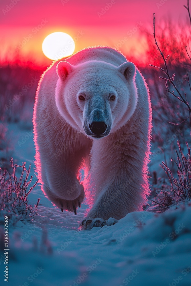 A polar bear walking across a snow covered field