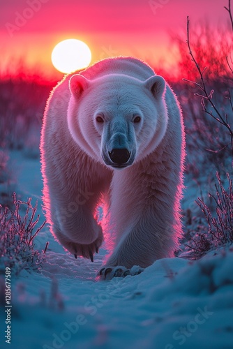 Obraz na płótnie A polar bear walking across a snow covered field w salonie