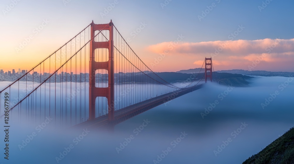 Fototapeta premium The Golden Gate Bridge, one of the most iconic bridges in the world, is beautifully framed by a layer of fog after sunrise in San Francisco.