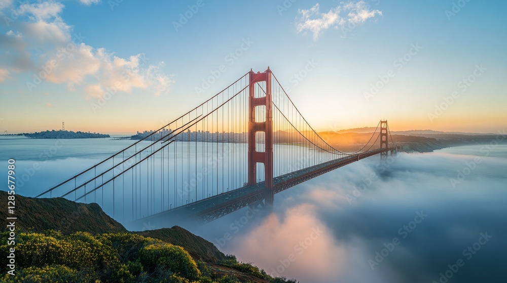 Fototapeta premium The Golden Gate Bridge, known worldwide, stands majestic in the morning mist of San Francisco Bay.