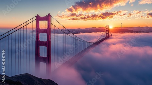 The Golden Gate Bridge, a world-renowned landmark in San Francisco, was shrouded in a thick blanket of fog after the sunrise.
