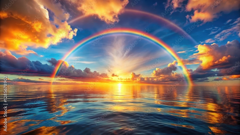 Serene Ocean Sunset with a Vibrant Double Rainbow Arcing Across the Horizon Serene Ocean Sunset with a Vibrant Double Rainbow Arcing Across the Horizon