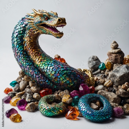 A sea serpent with colorful scales protecting a pile of glimmering ancient treasures on a white backdrop.