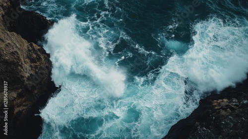 Waves crash against the rocky shore of Big Sur, California, creating a breathtaking spectacle.