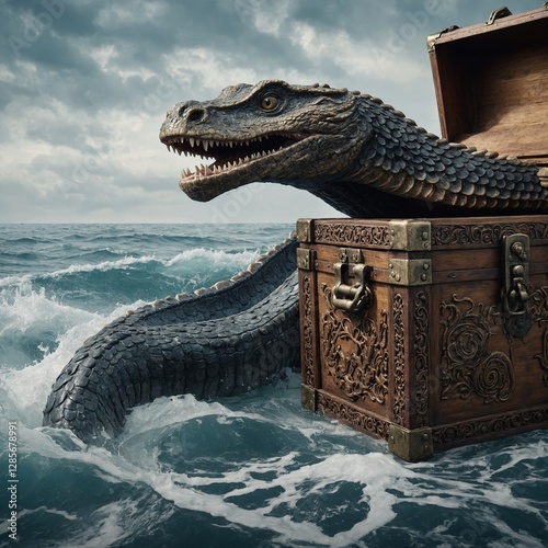 A giant sea serpent encircling a treasure chest with intricate carvings, its eyes locked onto the viewer, on white.