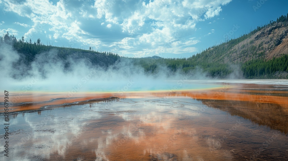 Yellowstone's Grand Prismatic Spring is a stunning natural wonder. It's a giant hot spring with vibrant colors caused by bacteria. Yellowstone's Grand Prismatic Spring is a stunning natural wonder. It's a giant hot spring with vibrant colors caused by bacteria.