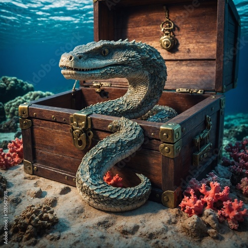 A serene sea serpent resting beside an ancient treasure chest adorned with coral, isolated on white.